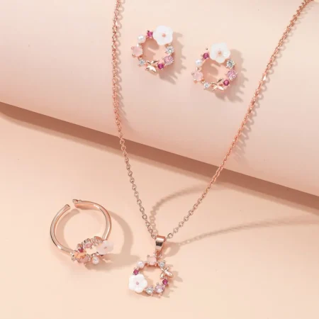 4 Pieces Rose Gold-color Lady Flower Fashion Accessories Zircon Simple Ornate Exquisite Necklace Ring Earrings Jewelry Set